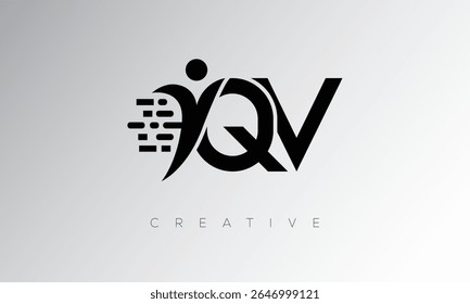 Logotipo creativo del monograma digital de QV: diseño futurista de la marca de la letra que presenta la forma humana, el movimiento del píxel y el estilo tecnológico mínimo para la identidad innovadora de la marca