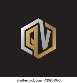 QV initial letters looping linked hexagon elegant logo golden silver black background