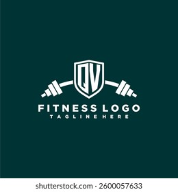 QV initial monogram for fitnes or gym logo with creative shield and barbell design