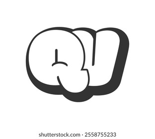 QV logo, bubble comic lettering, rounded in graffiti style black and white silhouette. Trendy preschool Q and V letter text for festival party, personal initials, children funky print and web. 