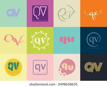 QV logo company template. Letter q and v logotype. Set different classic serif lettering and modern bold text with design elements. Initial font typography. Collection trendy business identity.
