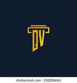 Logotipo inicial del monograma QV para la firma de abogados con diseño de hitos