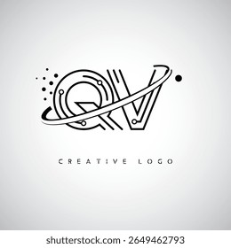 Logotipo de Monograma de Órbita QV - Marca de Letra Mínima Futurista com Linha de Arte Circular, Pontos Inspirados na Tecnologia e Conceito de Movimento Espacial para Identidade de Marca Moderna