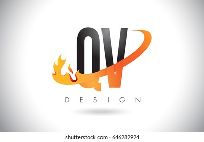 QV Q V Letter Logo Design with Fire Flames and Orange Swoosh Vector Illustration.