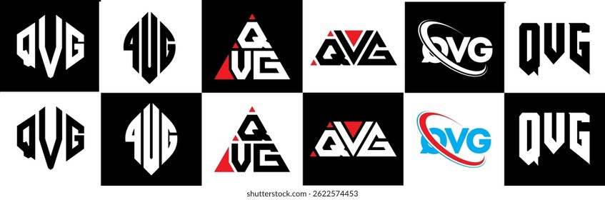 QVG letter logo design in six style. QVG polygon, circle, triangle, hexagon, flat and simple style with black and white color variation letter logo set in one artboard. QVG minimalist and classic logo