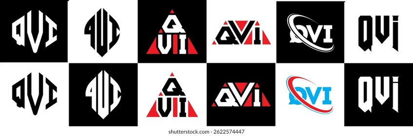 QVI letter logo design in six style. QVI polygon, circle, triangle, hexagon, flat and simple style with black and white color variation letter logo set in one artboard. QVI minimalist and classic logo