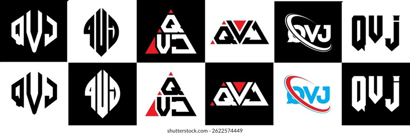 QVJ letter logo design in six style. QVJ polygon, circle, triangle, hexagon, flat and simple style with black and white color variation letter logo set in one artboard. QVJ minimalist and classic logo