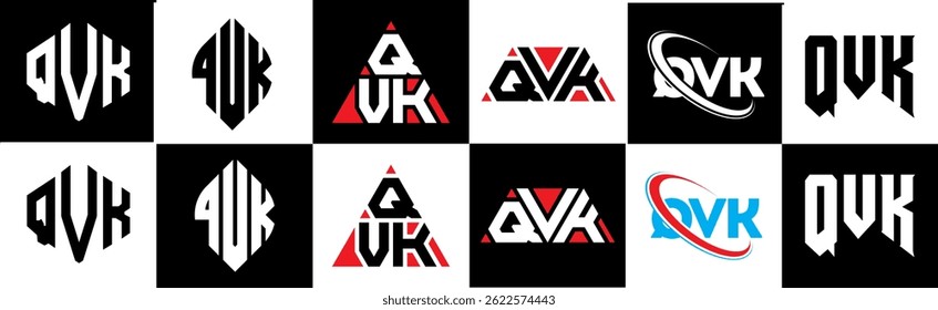 QVK letter logo design in six style. QVK polygon, circle, triangle, hexagon, flat and simple style with black and white color variation letter logo set in one artboard. QVK minimalist and classic logo