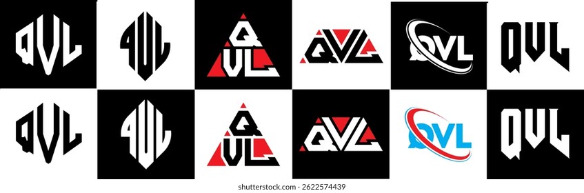 Design de logotipo de letra QVL em estilo seis. Polígono QVL, círculo, triângulo, hexágono, estilo simples e plano com logotipo de letra de variação de cor preto e branco definido em uma prancheta. Logotipo minimalista e clássico de QVL