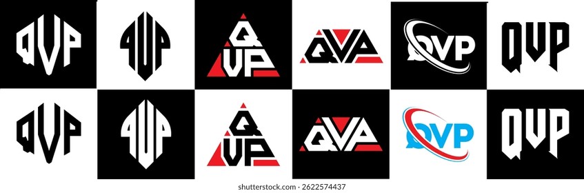 QVP letter logo design in six style. QVP polygon, circle, triangle, hexagon, flat and simple style with black and white color variation letter logo set in one artboard. QVP minimalist and classic logo