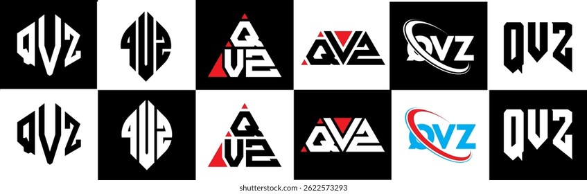 QVZ letter logo design in six style. QVZ polygon, circle, triangle, hexagon, flat and simple style with black and white color variation letter logo set in one artboard. QVZ minimalist and classic logo