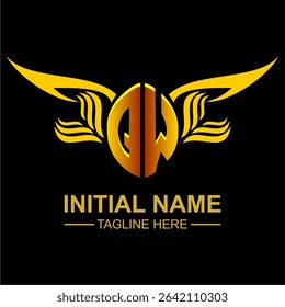 QW Golden Wing Emblem Logo with elegant gold wings, sleek and modern design. Ideal for branding, creative projects, luxury businesses, or artistic ventures.