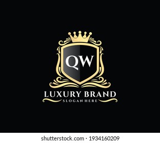 QW Initial Letter, Gold Text With Feminine Floral Hand Drawn Heraldic Monogram, Antique Vintage Style Luxury Logo Design.