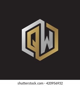 QW initial letters looping linked hexagon elegant logo golden silver black background
