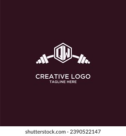 QW initial monogram for fitnes or gym logo with creative shield and barbell design