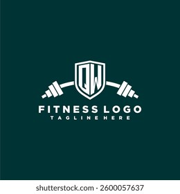 QW initial monogram for fitnes or gym logo with creative shield and barbell design