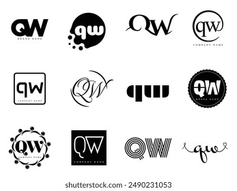 QW logo company template. Letter q and w logotype. Set different classic serif lettering and modern bold text with design elements. Initial font typography. Collection trendy business identity.