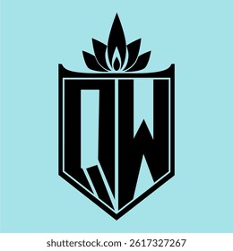 QW Logo featuring a minimalist design with a crown-like flower symbol on top, bold black elements, and a soft blue background, perfect for branding and modern visual identity.
