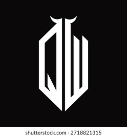 Monograma QW Logo com forma de chifre isolado preto e branco modelo de design em fundo preto