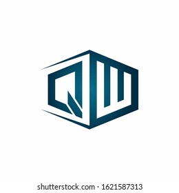 QW monogram logo with hexagon shape and negative space style ribbon design template