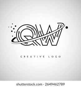 Logotipo de Monograma de Órbita QW - Marca de Letra Mínima Futurista com Linha de Arte Circular, Pontos Inspirados na Tecnologia e Conceito de Movimento Espacial para Identidade de Marca Moderna