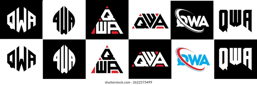 QWA letter logo design in six style. QWA polygon, circle, triangle, hexagon, flat and simple style with black and white color variation letter logo set in one artboard. QWA minimalist and classic logo