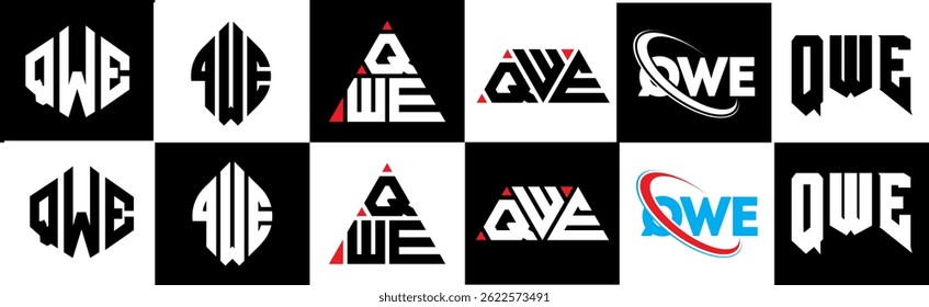 QWE letter logo design in six style. QWE polygon, circle, triangle, hexagon, flat and simple style with black and white color variation letter logo set in one artboard. QWE minimalist and classic logo