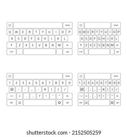 Qwerty keyboard full set. Keyboard of smartphone, alphabet and numbers buttons. Mobile phone keypad vector mock-up. Compact virtual key board for mobile device. Vector illustration EPS 10.