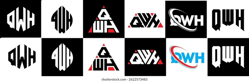 QWH letter logo design in six style. QWH polygon, circle, triangle, hexagon, flat and simple style with black and white color variation letter logo set in one artboard. QWH minimalist and classic logo