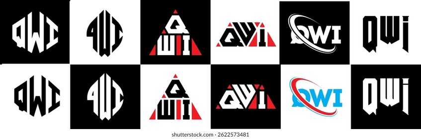 QWI letter logo design in six style. QWI polygon, circle, triangle, hexagon, flat and simple style with black and white color variation letter logo set in one artboard. QWI minimalist and classic logo