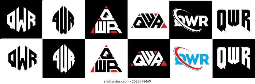 QWR letter logo design in six style. QWR polygon, circle, triangle, hexagon, flat and simple style with black and white color variation letter logo set in one artboard. QWR minimalist and classic logo