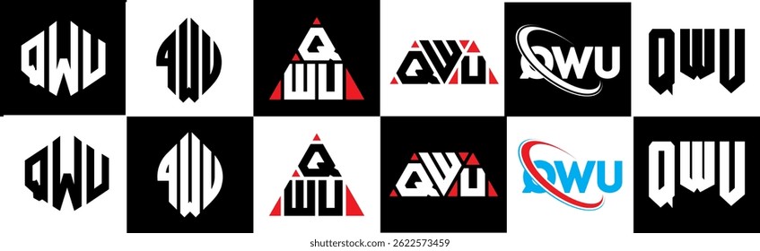 QWU letter logo design in six style. QWU polygon, circle, triangle, hexagon, flat and simple style with black and white color variation letter logo set in one artboard. QWU minimalist and classic logo