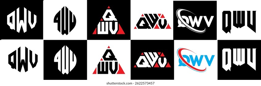 QWV letter logo design in six style. QWV polygon, circle, triangle, hexagon, flat and simple style with black and white color variation letter logo set in one artboard. QWV minimalist and classic logo