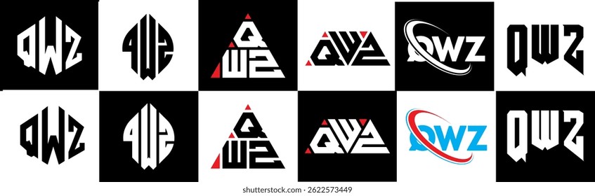 QWZ letter logo design in six style. QWZ polygon, circle, triangle, hexagon, flat and simple style with black and white color variation letter logo set in one artboard. QWZ minimalist and classic logo