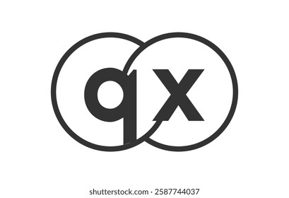 QX business company emblem with outline rounds and letters q x. Logo template of two merged circles for brand identity, logotype. Vector Infinity symbol  and technology sign.