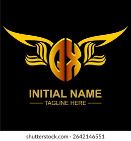 QX Golden Wing Emblem Logo with elegant gold wings, sleek and modern design. Ideal for branding, creative projects, luxury businesses, or artistic ventures.