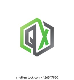 QX initial letters looping linked hexagon logo black gray green