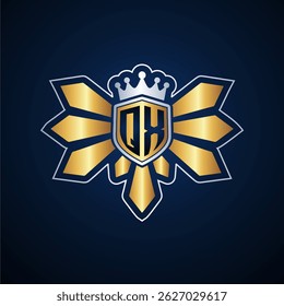 QX initial letters monogram logo for gaming with shield and eagle wing