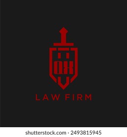 Monograma inicial QX para bufete de abogados con Imagen de espada y escudo