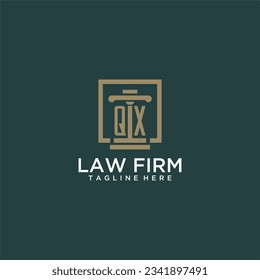 logotipo de monograma inicial QX para la firma de abogados con diseño de hitos en cuadrado creativo