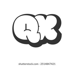 QX logo, bubble comic lettering, rounded in graffiti style black and white silhouette. Trendy preschool Q and X letter text for festival party, personal initials, children funky print and web. Vector