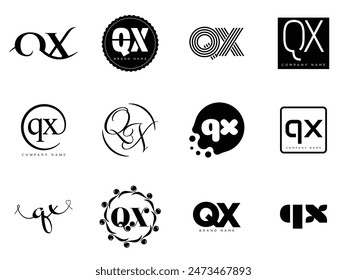 QX logo company template. Letter q and x logotype. Set different classic serif lettering and modern bold text with design elements. Initial font typography. Collection trendy business identity.
