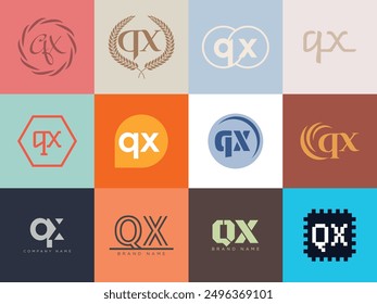 QX logo company template. Letter q and x logotype. Set different classic serif lettering and modern bold text with design elements. Initial font typography. Collection trendy business identity.