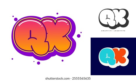 QX logo design for festival or party. Initial letter q and x in graffiti style. Creative modern lettering company name of font typography. Kids trendy logotype or identity. Vector illustration.
