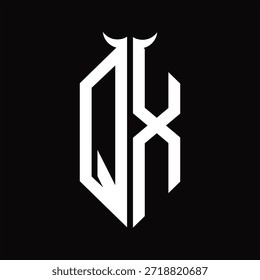 QX Logo monogram with horn shape isolated black and white design template on black background