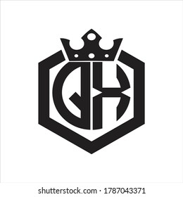 QX Logo monogram rounded by hexagon shape with crown design template on white background