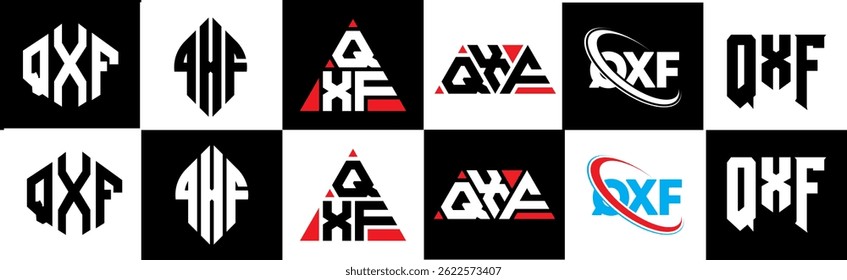 QXF letter logo design in six style. QXF polygon, circle, triangle, hexagon, flat and simple style with black and white color variation letter logo set in one artboard. QXF minimalist and classic logo
