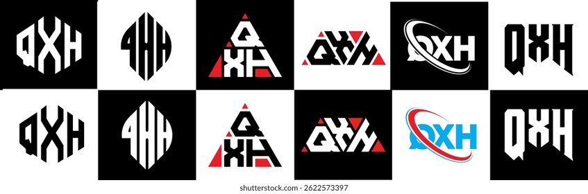 QXH letter logo design in six style. QXH polygon, circle, triangle, hexagon, flat and simple style with black and white color variation letter logo set in one artboard. QXH minimalist and classic logo