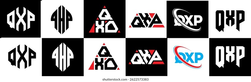 QXP letter logo design in six style. QXP polygon, circle, triangle, hexagon, flat and simple style with black and white color variation letter logo set in one artboard. QXP minimalist and classic logo