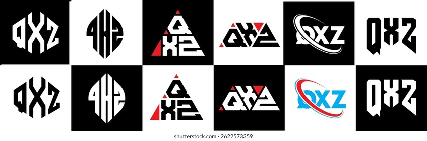 QXZ letter logo design in six style. QXZ polygon, circle, triangle, hexagon, flat and simple style with black and white color variation letter logo set in one artboard. QXZ minimalist and classic logo
